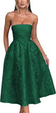 Vestido de fiesta de satén jacquard floral, largo hasta la rodilla, corte A, sin tirantes, con corsé, para dama de honor, para fiesta de noche formal 