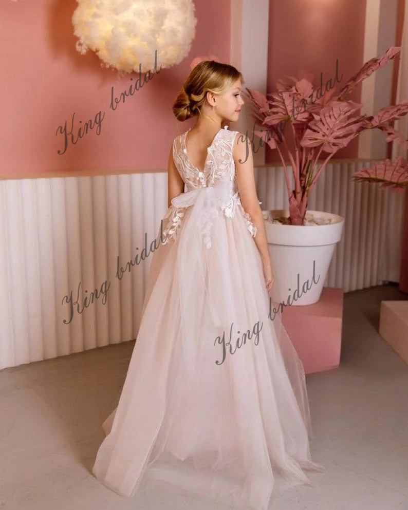 Spitzentüll Brautkleider Heilige Kommunion Besonderer Anlass Kleinkind Erstkommunion Blumenmädchenkleid Festzugskleid für Mädchen 