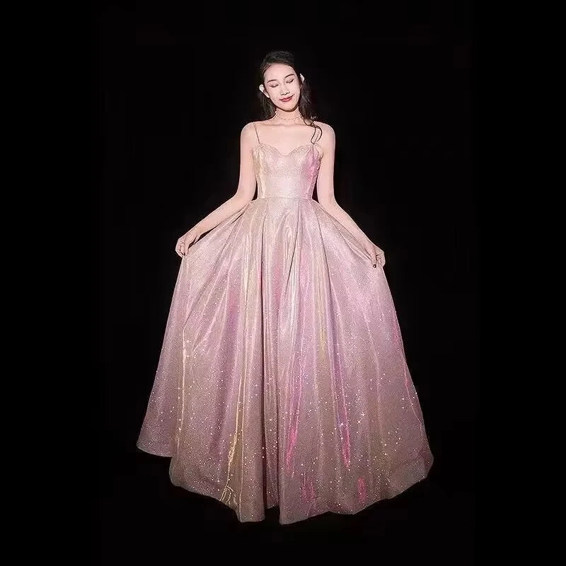 Elegant Glitter Banquet Dresses Women Fashion Spaghetti Straps Slimming Starry Sky Evening Party Dress Sexy Gown Prom Dress