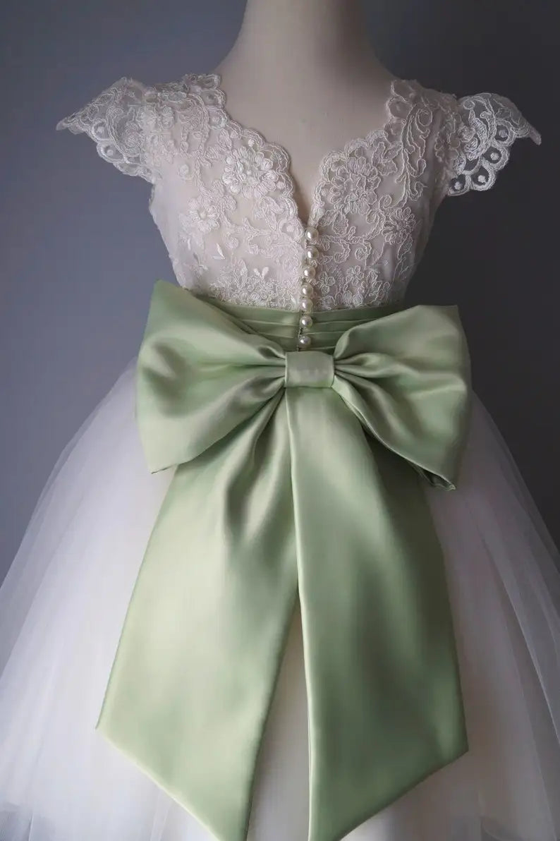 Flower girl dress, Sage Sashes, Birthday Baby Dresses Lace Tulle First Communion Gowns Wedding princess Kids ball gown