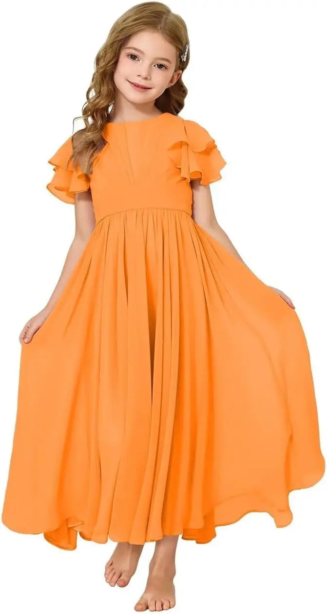 Flower Girl Maxi Dress for Wedding Bridesmaids Flowy Chiffon Teens Ruffle Sleeve Formal Party Pageant Gown princess dress
