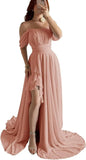Elegantes schulterfreies Chiffon-Ballkleid für Brautjungfern mit Schlitz, lang, A-Linie, plissierte Rüschen, formelles Abendkleid für Damen 