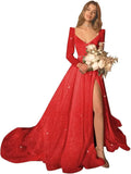 Glitter Prom Dresses Simple Long Sleeve Wedding Dresses for Bride A Line Princess Ball Gown with Slit simple wedding dress