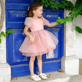 Pink Satin Tulle Puffy With Bow Short Sleeve For Wedding Birthday Holy Communion Banquet Princess Gowns Flower Girl Dresses