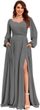 Damen Langarm Brautjungfernkleider mit Taschen Split Plissee Chiffon Formales Abendkleid Partykleid formelles Kleid Frauen elegant 