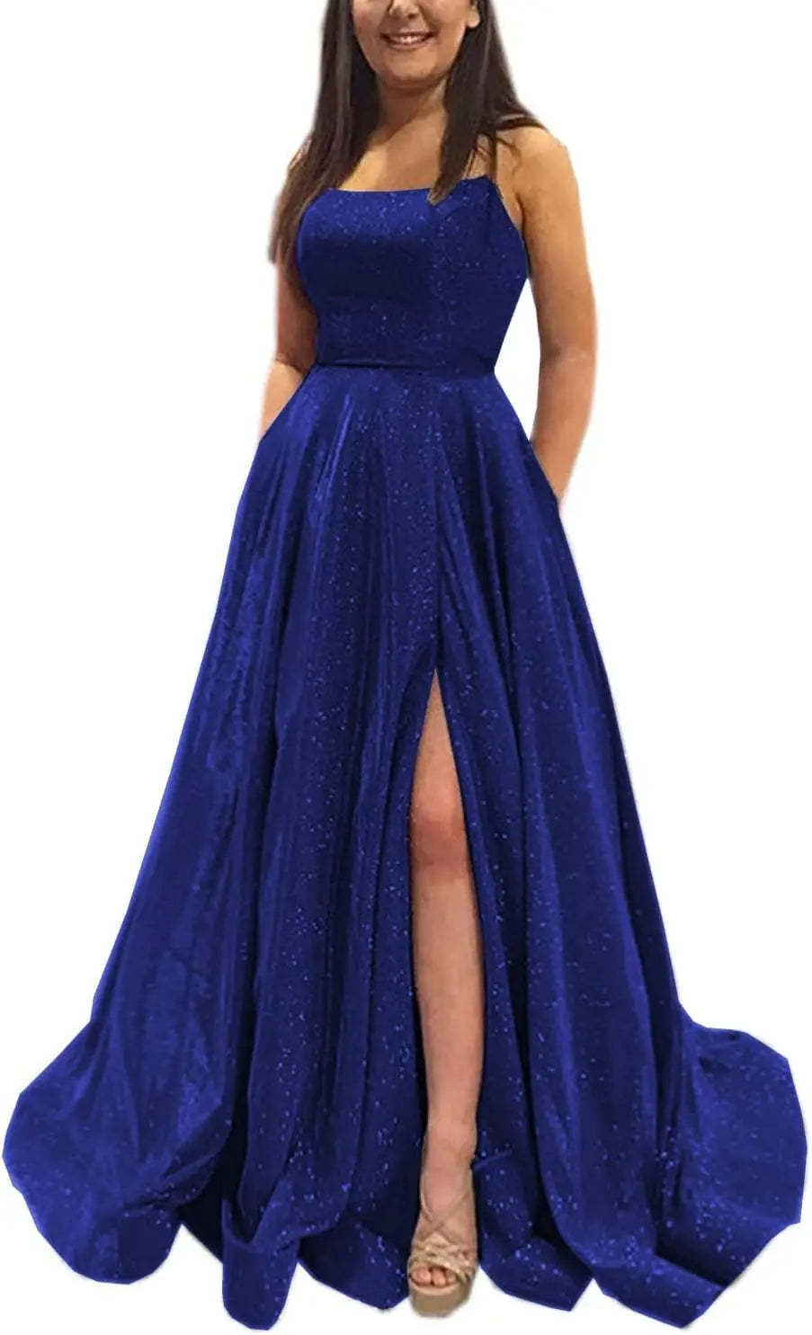 Vestidos de fiesta con purpurina para mujer, 2025, con tirantes finos abiertos, largos, formales, para noche, boda, fiesta, baile, con bolsillos 