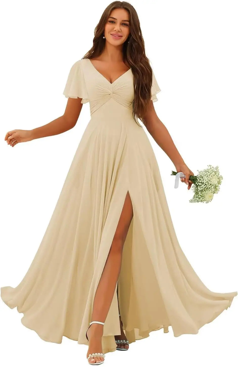 Custom Made Flutter Sleeves Split Bridesmaid Dresses with Slit Long V Neck Empire Waist Formal Evening Dress for Women Wedding