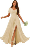 Custom Made Flutter Sleeves Split Bridesmaid Dresses with Slit Long V Neck Empire Waist Formal Evening Dress for Women Wedding