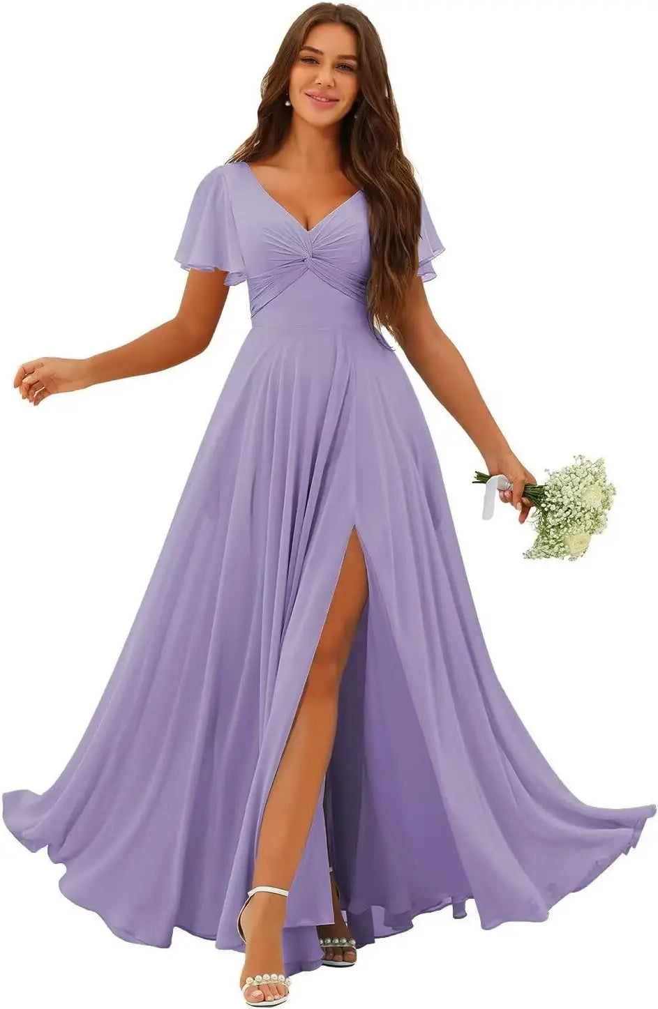 Custom Made Flutter Sleeves Split Bridesmaid Dresses with Slit Long V Neck Empire Waist Formal Evening Dress for Women Wedding