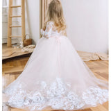 Vestidos de princesa para niña de las flores, con apliques de tul blanco y cinta rosa, manga larga para bodas, fiestas, cumpleaños y comuniones. 