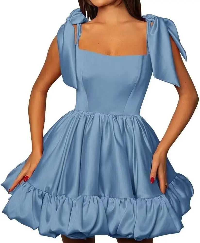 Women’s A-line Puffy Straps Sleeveless Formal Party Gown Teens Satin Short Homecoming Cocktails Dress