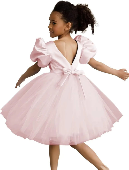 Vestidos de tul con mangas abullonadas para niña de las flores, para bodas, cumpleaños, fiestas, satén y tul con lazo. 