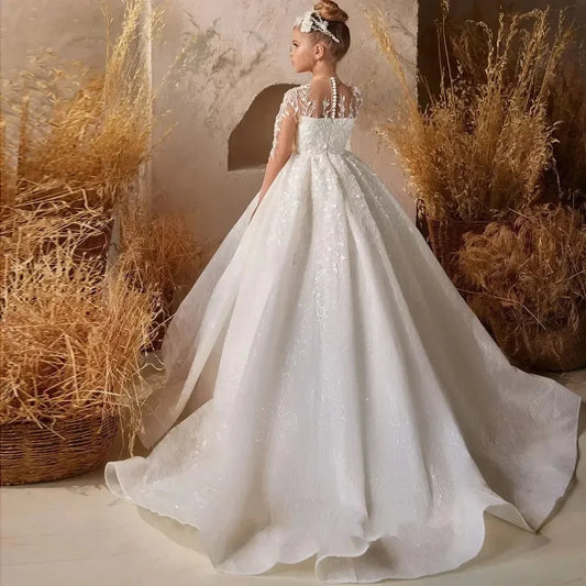 Pageant Gown for Wedding Lace Appliques Princess Birthday Party First Communion Gown Customized White Flower Girl Dresses