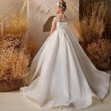 Vestido de desfile para boda, apliques de encaje, princesa, fiesta de cumpleaños, vestido de primera comunión, vestidos de niña de las flores blancos personalizados 
