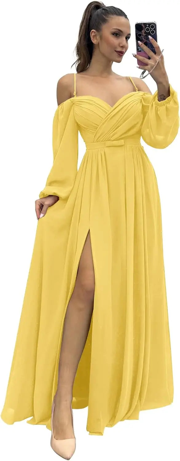 Vestido de dama de honor de manga larga para mujer, con tirantes finos, para invitada de boda, con abertura y bolsillos, vestido formal fruncido. 
