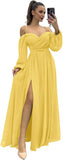 Vestido de dama de honor de manga larga para mujer, con tirantes finos, para invitada de boda, con abertura y bolsillos, vestido formal fruncido. 