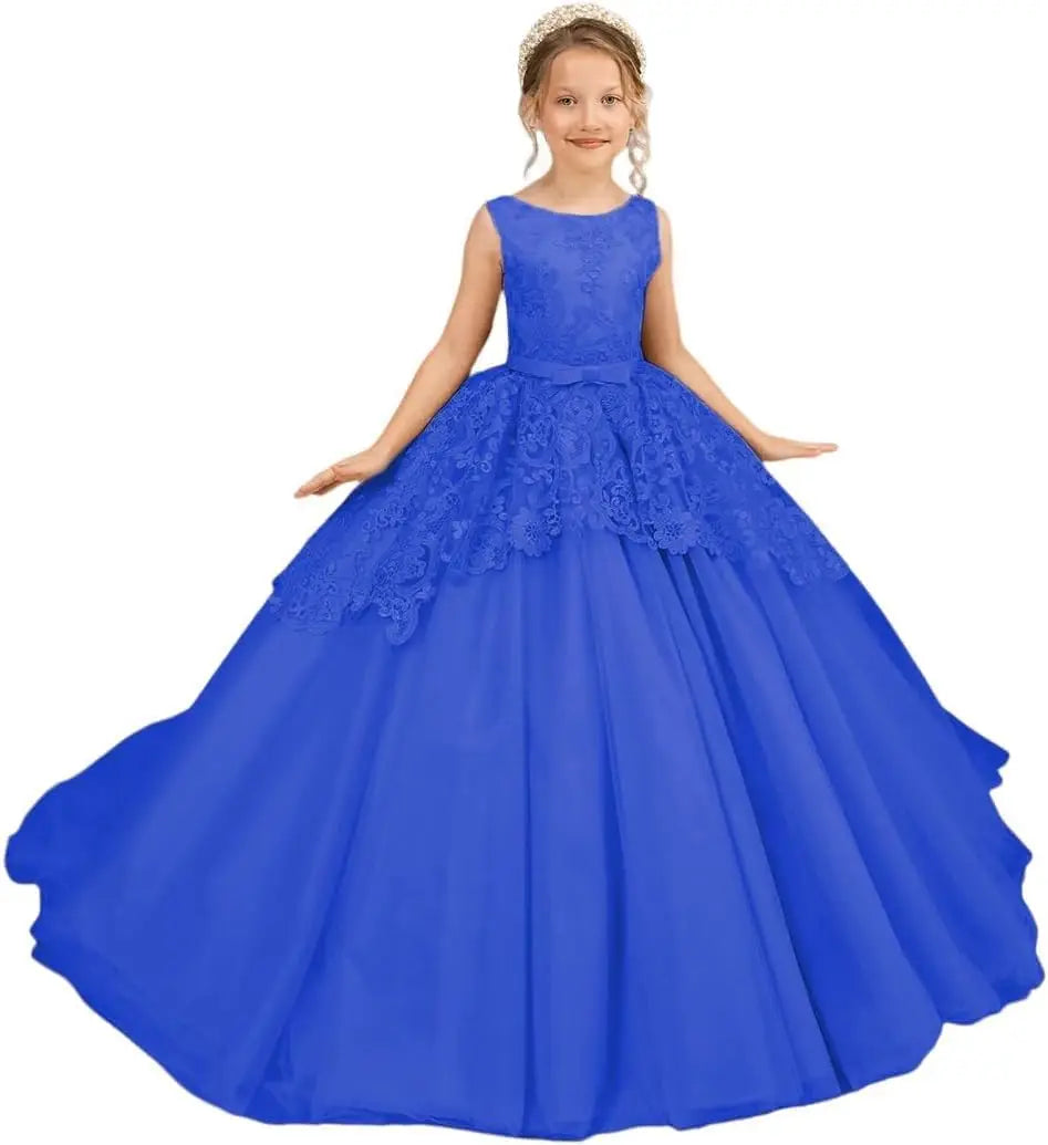 Tüll-Blumenmädchenkleid für Hochzeit, Spitzenapplikationen, bestickt, Prinzessin, Kinderfestzug, Geburtstagsparty, Festzugskleider für Mädchen 