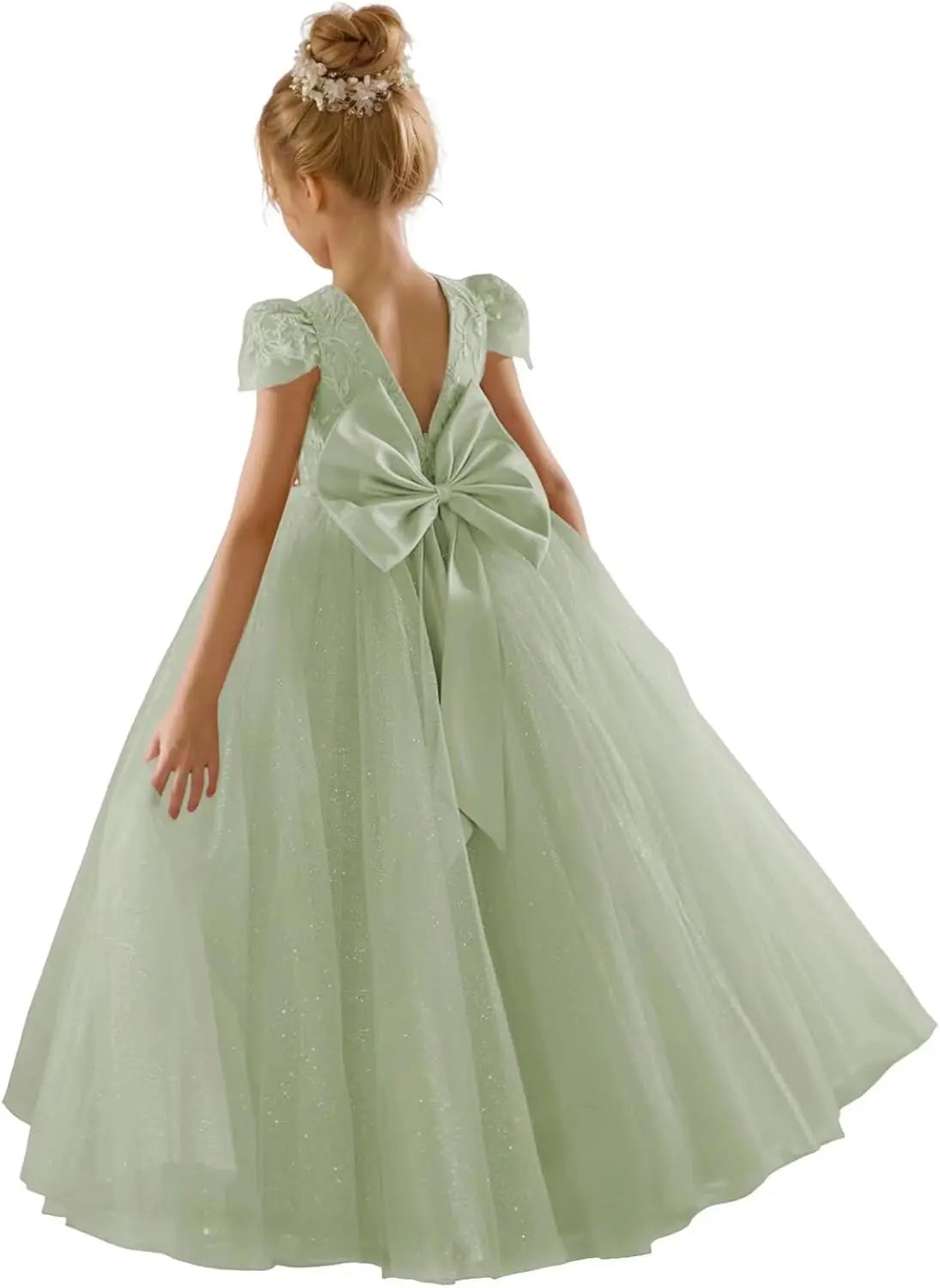 Flower Girls Lace Cap Sleeve Dress for Wedding Puffy Tulle Back V-Neck Pageant Prom Ball Gown with Bow princess dress