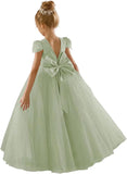 Flower Girls Lace Cap Sleeve Dress for Wedding Puffy Tulle Back V-Neck Pageant Prom Ball Gown with Bow princess dress
