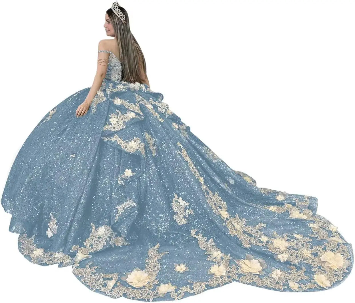 Gold Appliques Quinceanera Dresses with Train Spaghetti Strap Lace Sweet 16 Dresses Layered Ruffles Beaded Ball Gown