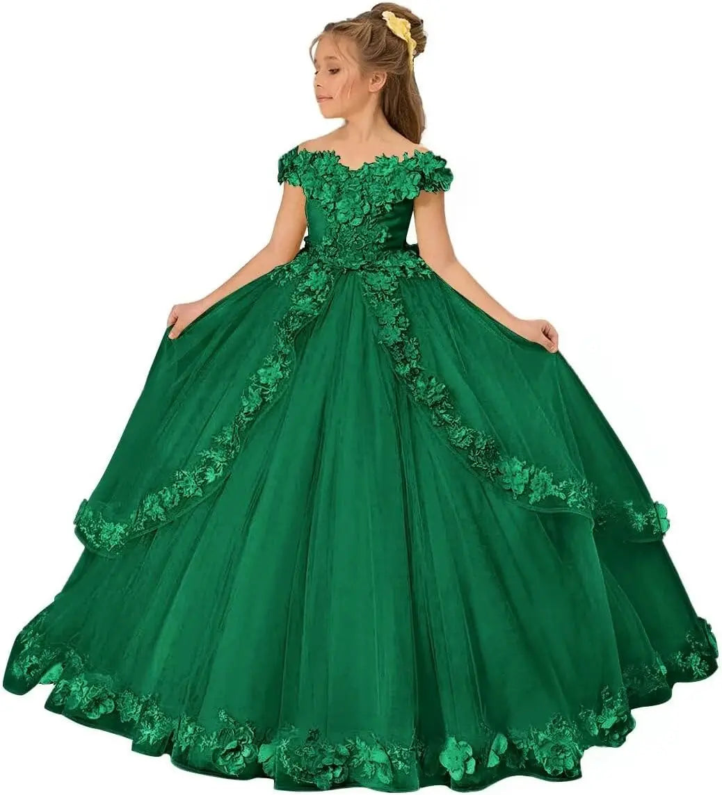 Vestido de tul para niña de las flores, para boda, con hombros descubiertos, para desfile, con flores 3D, estilo princesa, para fiesta 