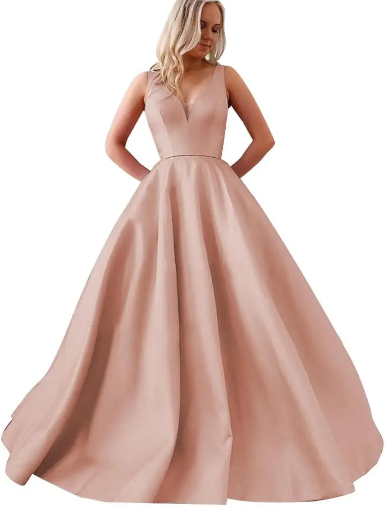 Satin A Line Wedding Dresses for Bride V Neck Prom Dresses with Pockets Simple Long Ball Gowns