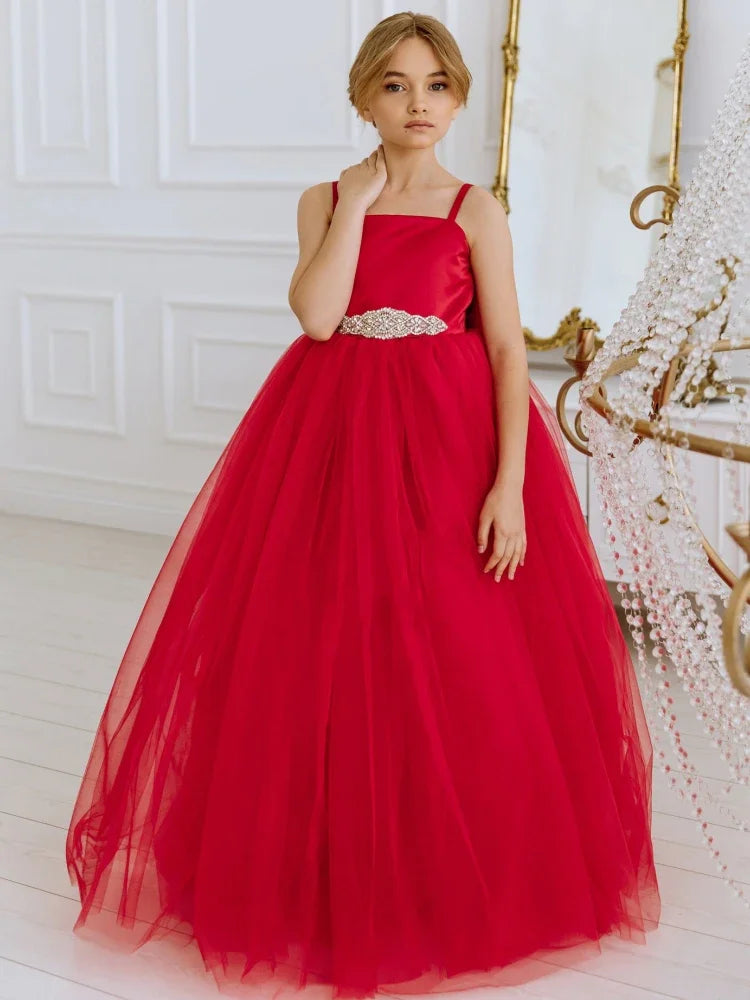 Princess Dress  Birthday Party First Communion Gowns Flower Girl Dresses Red Tulle Diamond Belt With Bow Sleeveless For Wedding