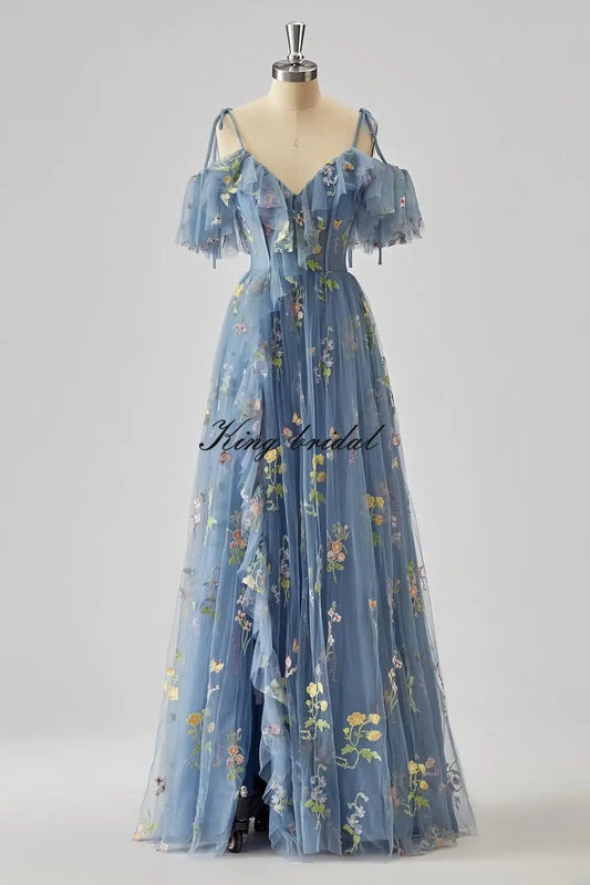 Vestido de fiesta de tul con bordado de flores para mujer, hecho a medida, con aberturas largas y tirantes finos, escote en V, vestido formal de hada, vestido de fiesta de noche 