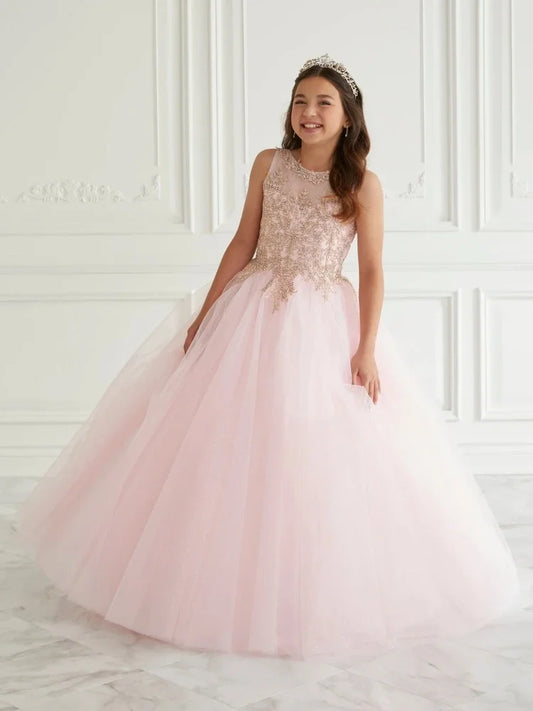 Vestidos de tul rosa con apliques dorados y esponjosos sin mangas para bodas, fiestas de cumpleaños, banquetes, comuniones y niñas de las flores. 