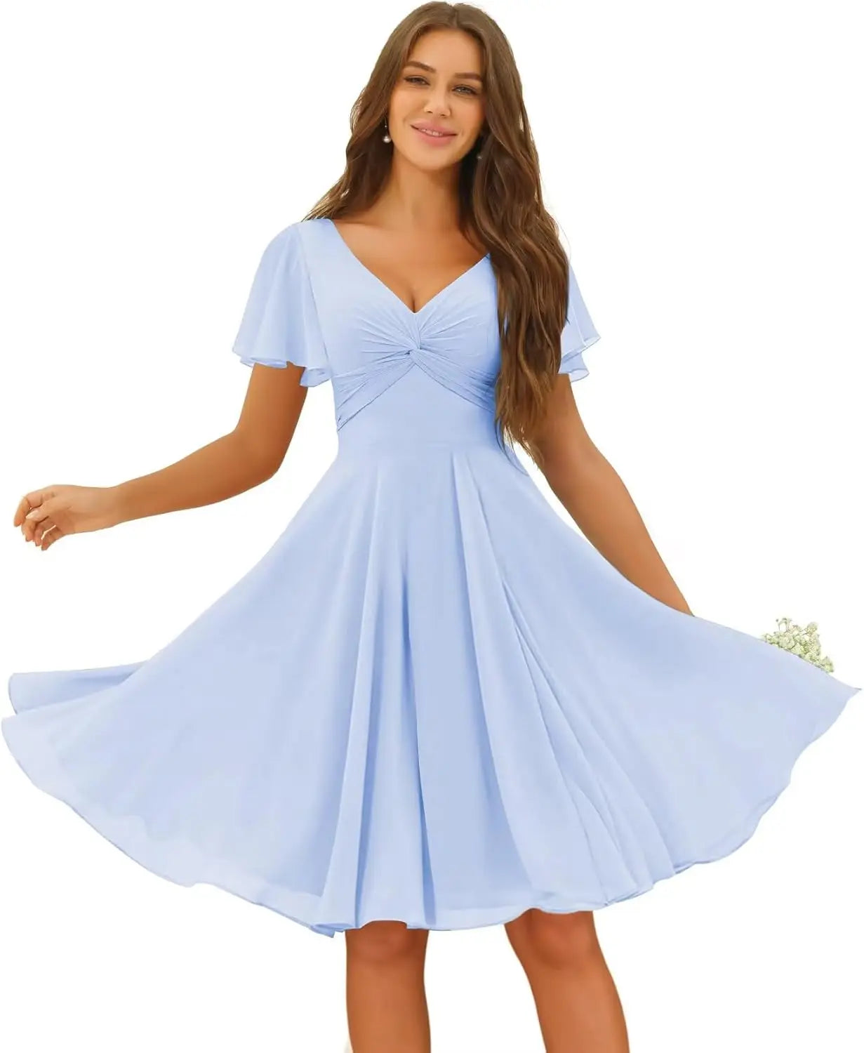 Women's Pleated Chiffon Flutter Sleeves Junior Bridesmaid Dresses with Pockets V Neck Short Formal Dress Wedding Party Gowns