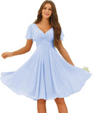 Women's Pleated Chiffon Flutter Sleeves Junior Bridesmaid Dresses with Pockets V Neck Short Formal Dress Wedding Party Gowns