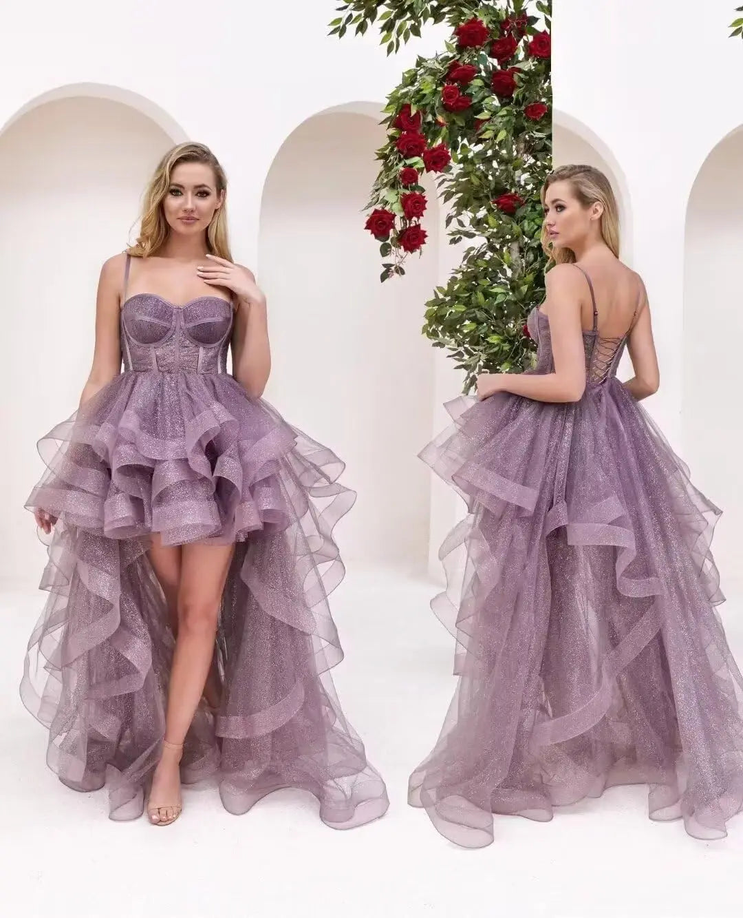 Vestido de fiesta corto de tul con tirantes finos y volantes 2025, vestidos de fiesta altos y bajos para adolescentes, vestido de graduación 