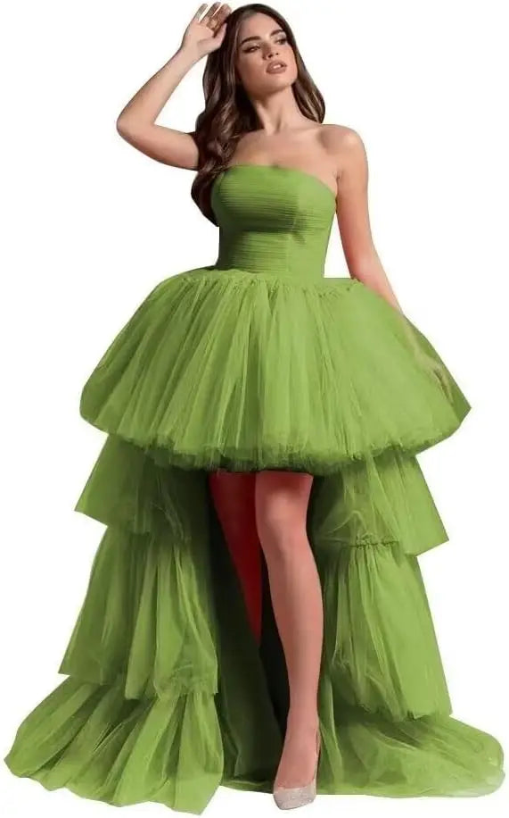 High Low Tüll Ballkleider Lange trägerlose gestufte Abendkleider A-Linie Abendkleid mit Schleppe Partykleider Damen Abend 