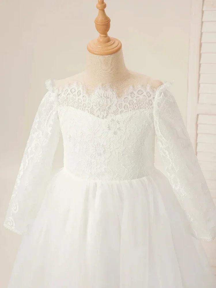 Birthday Party Holy Communion Gowns Flower Girl Dresses White Tulle Rose Appliques With Trailing And Bow Long Sleeve For Wedding