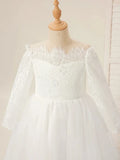Birthday Party Holy Communion Gowns Flower Girl Dresses White Tulle Rose Appliques With Trailing And Bow Long Sleeve For Wedding