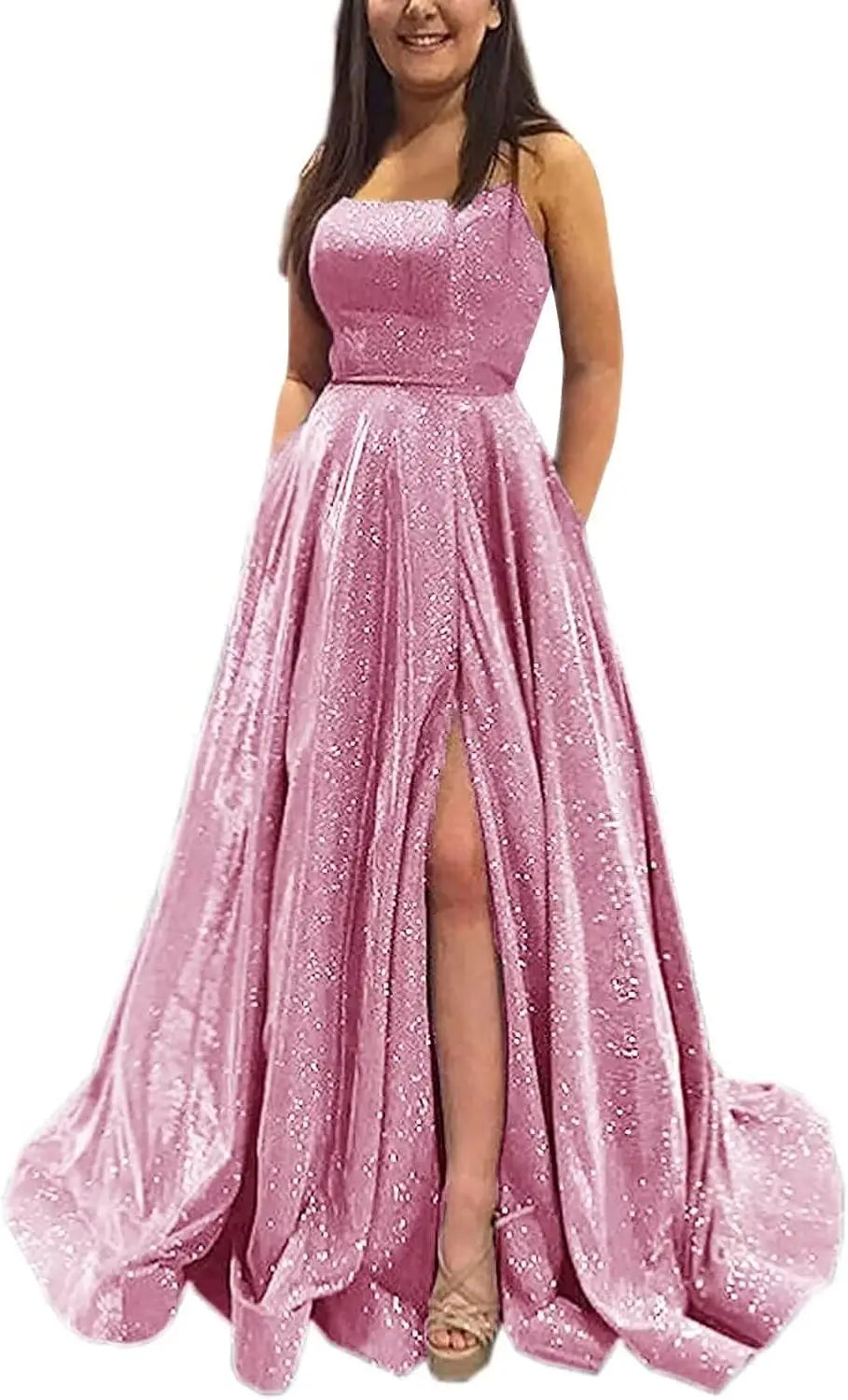 Vestidos de fiesta de satén con purpurina para mujer 2025, tirantes finos, corte A, abertura, noche, formales, con bolsillos 