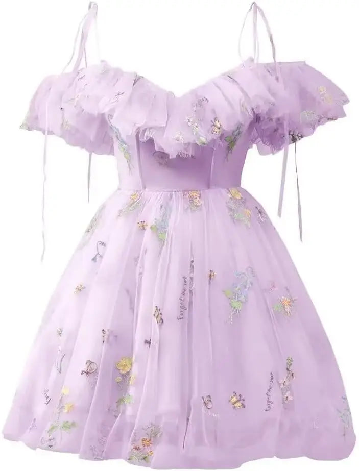 Blumenstickerei Tüll Kurze Heimkehrkleider für Teenager Mini Fee V-Ausschnitt Formales Abschlussball-Cocktailpartykleid 2025 