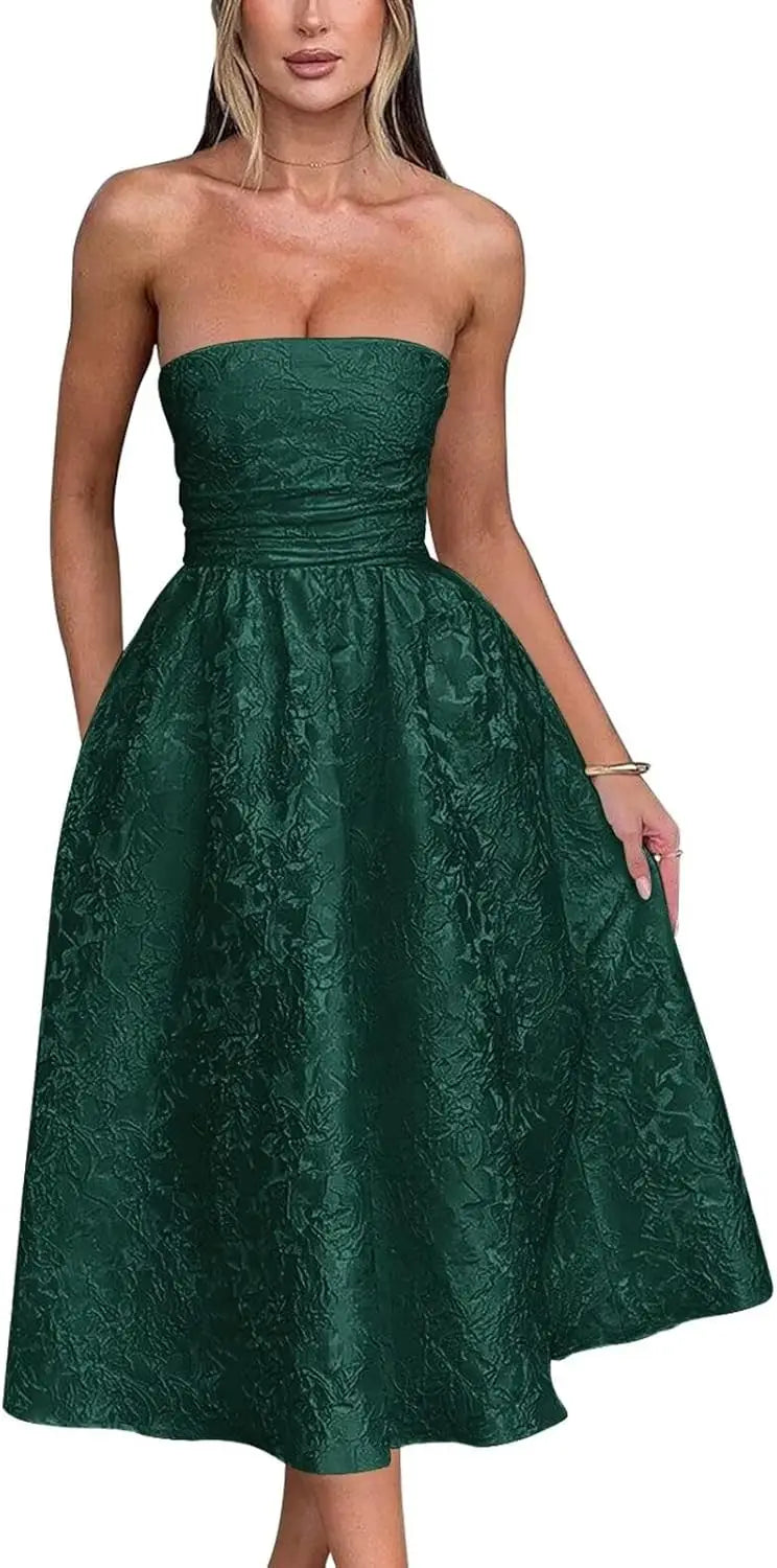Vestido de fiesta de satén jacquard floral, largo hasta la rodilla, corte A, sin tirantes, con corsé, para dama de honor, para fiesta de noche formal 