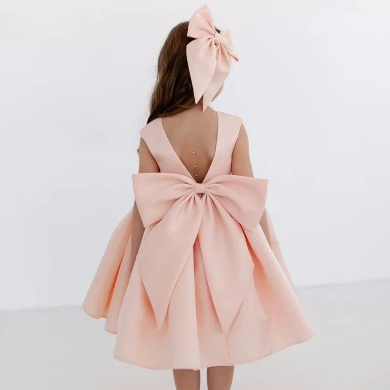Prinzessin Kleid Blumenmädchen Kleider Orange Satin mit Schleife ärmellos für Hochzeit Geburtstag Party Erstkommunion Kleider 