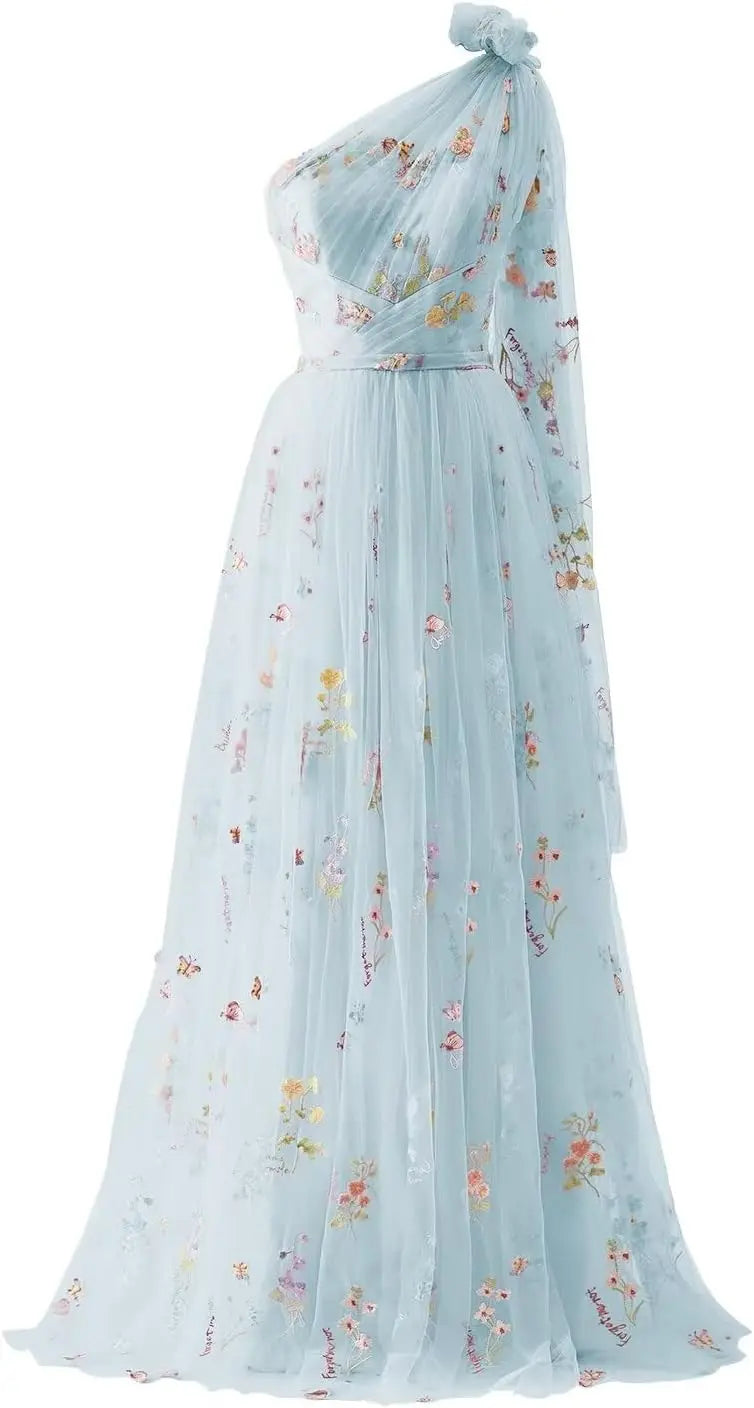 Vestidos de fiesta de tul para mujer con bordado de flores, corte A, largo hasta el suelo, vestidos formales de noche para fiesta 