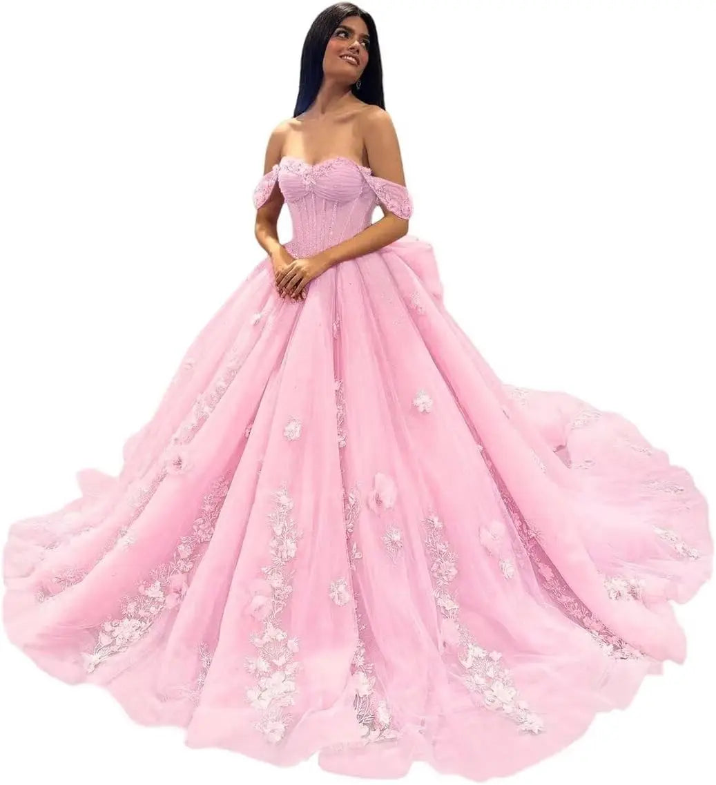 3D Floral Quinceanera Dresses Lace Beaded Party Gowns Off Shoudler Tulle Ball Gown for Sweet 15 16 Dresses