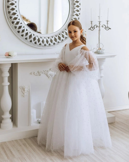 Vestidos de niña de flores con lazo de tul y perla, tutú de tul y satén, para dama de honor juvenil, vestido de desfile para niñas, vestido de fiesta y boda 