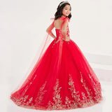 Vestido de princesa para banquete de fiesta de cumpleaños, vestidos de niña de las flores, tul rojo, apliques florales dorados con lazo en el hombro, sin mangas para boda 