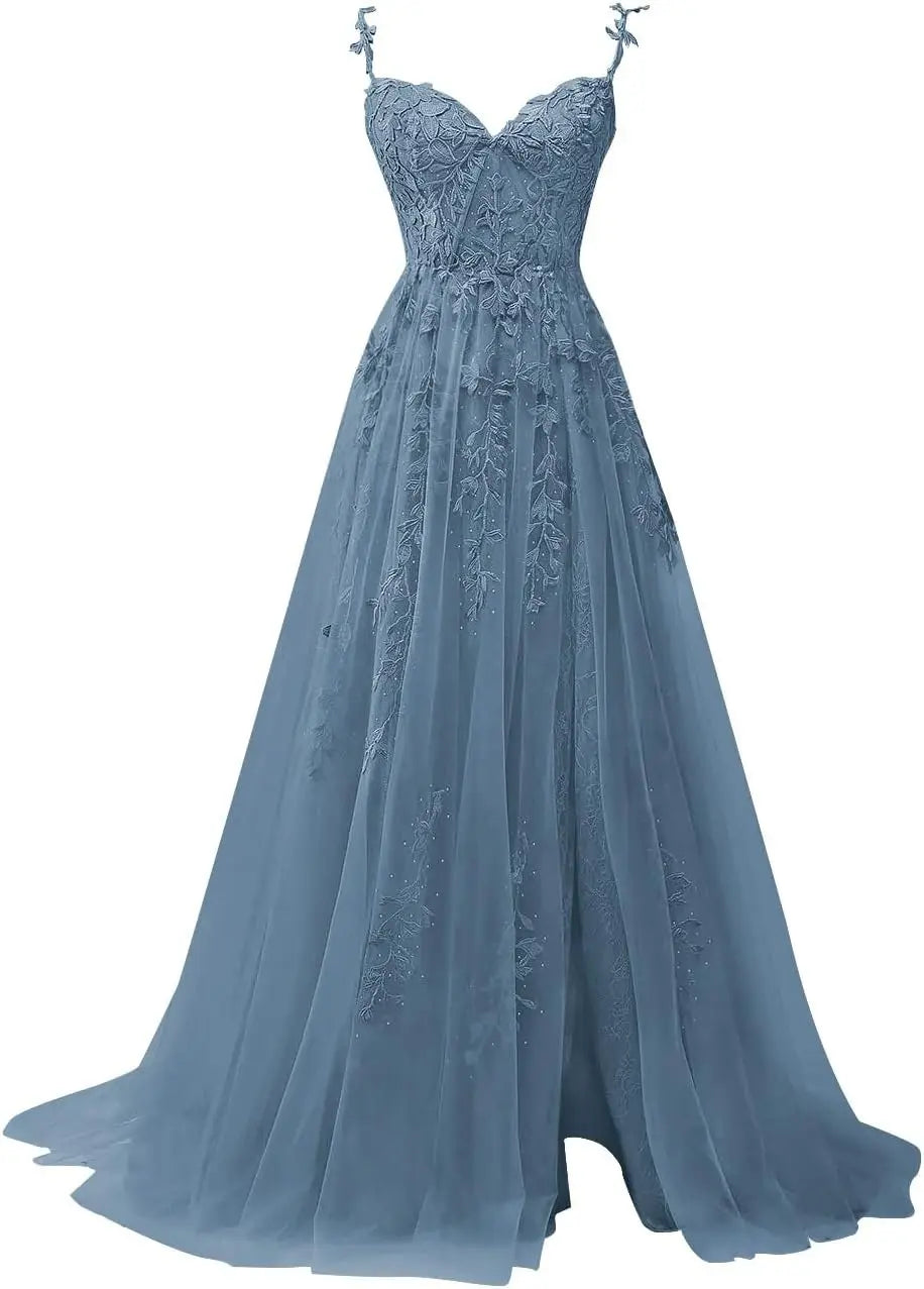 Vestidos de fiesta con apliques de encaje hechos a medida para adolescentes, vestidos largos de tul con abertura, vestidos de noche formales, vestidos de fiesta de boda 