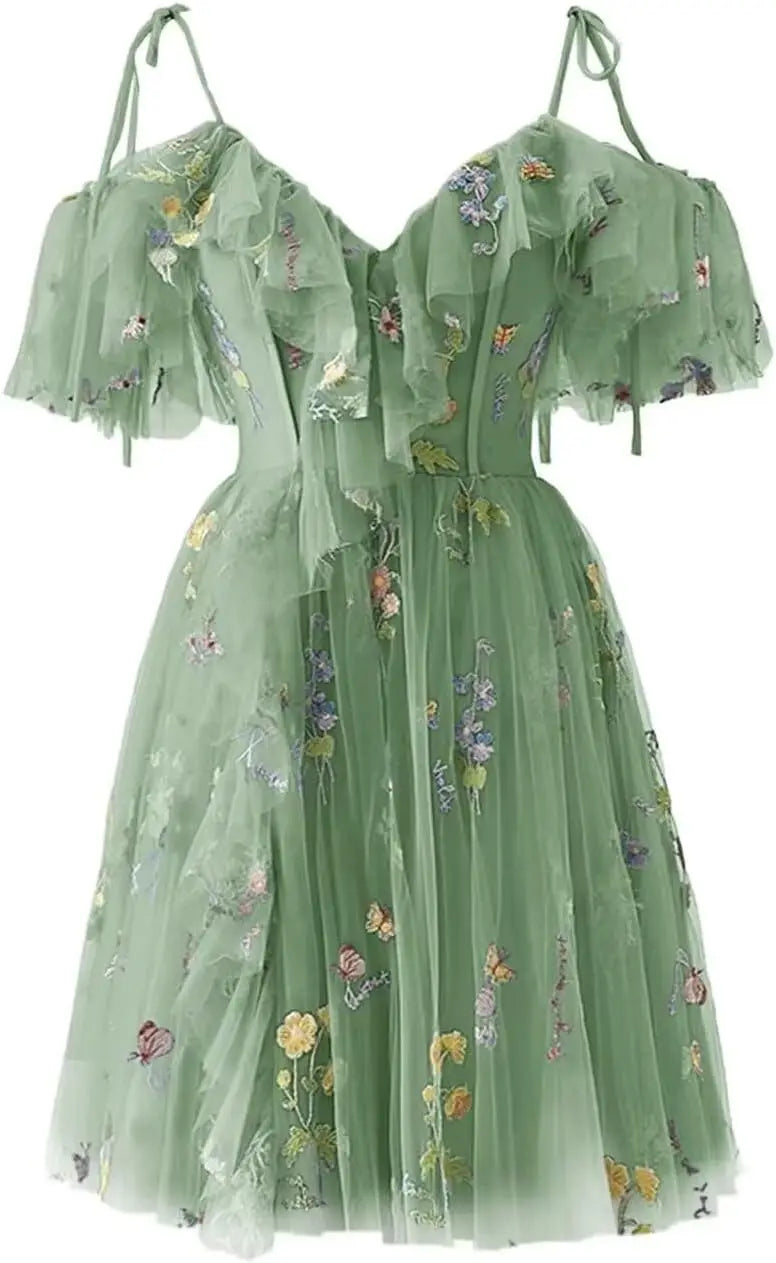 Flower Embroidery Tulle Short Homecoming Dresses for Teens 2026 Mini Spaghetti Straps Formal Prom Party Gown Junior Bridesmaid