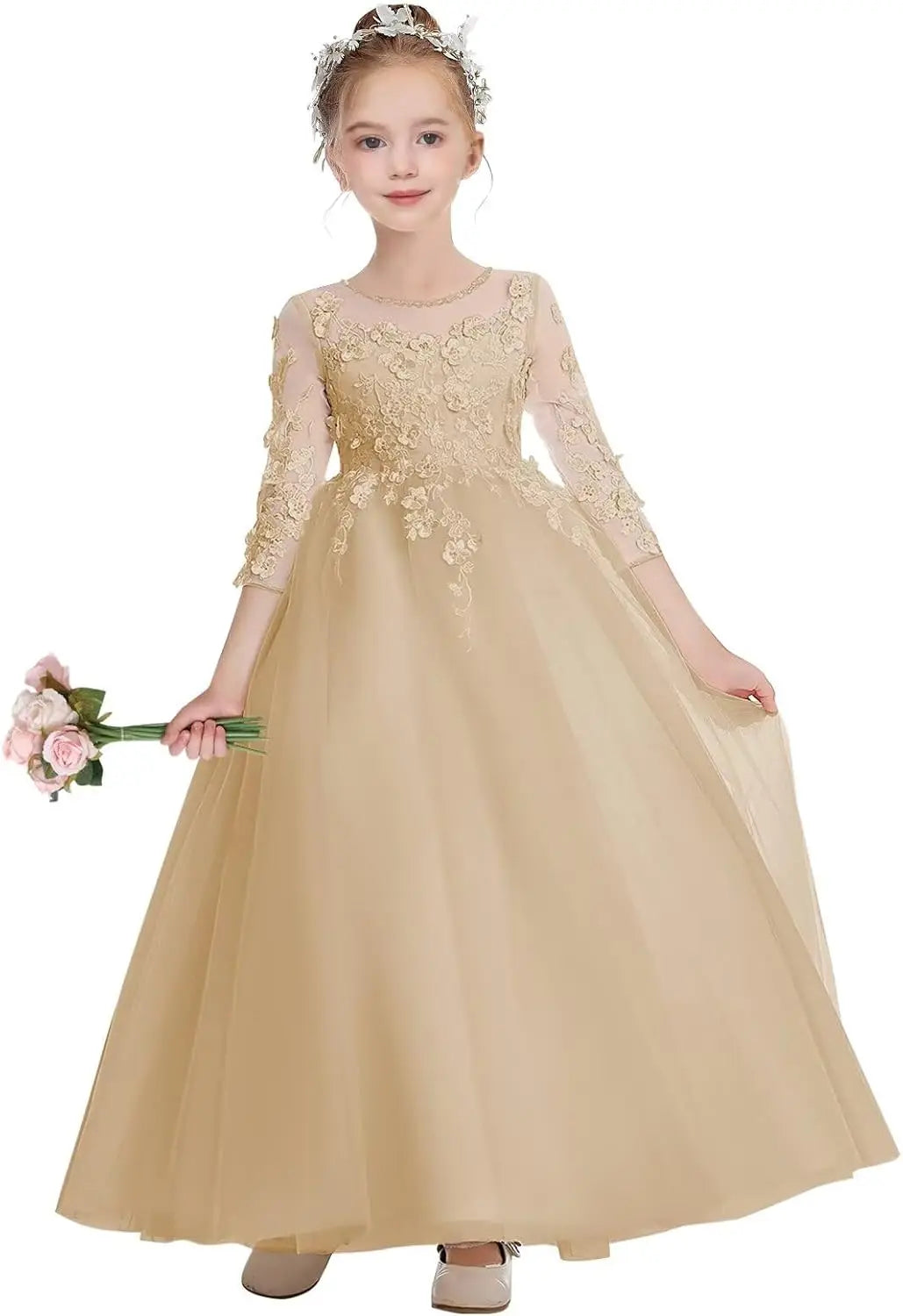 Elegantes Blumenmädchenkleid aus Tüll in A-Linie mit Applikationen, Erstkommunionkleider mit Ärmeln, Festzugs-Prinzessinnen-Partykleider 