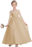 Elegantes Blumenmädchenkleid aus Tüll in A-Linie mit Applikationen, Erstkommunionkleider mit Ärmeln, Festzugs-Prinzessinnen-Partykleider 