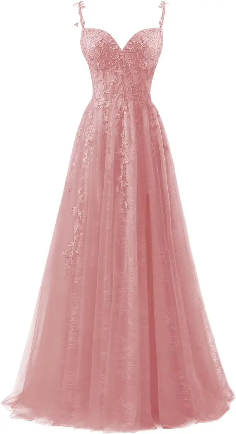 Lace Applique Tulle Prom Dresses for Women 2025 Spaghetti Straps Ball Gown Formal Evening Party Gown with Slit Wedding Party