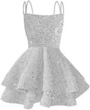 Hübsches, funkelndes Pailletten-Heimkehrkleid für Teenager, kurzes, gestuftes Ballkleid mit quadratischem Ausschnitt und A-Linie, Cocktail-Club-Partykleid 