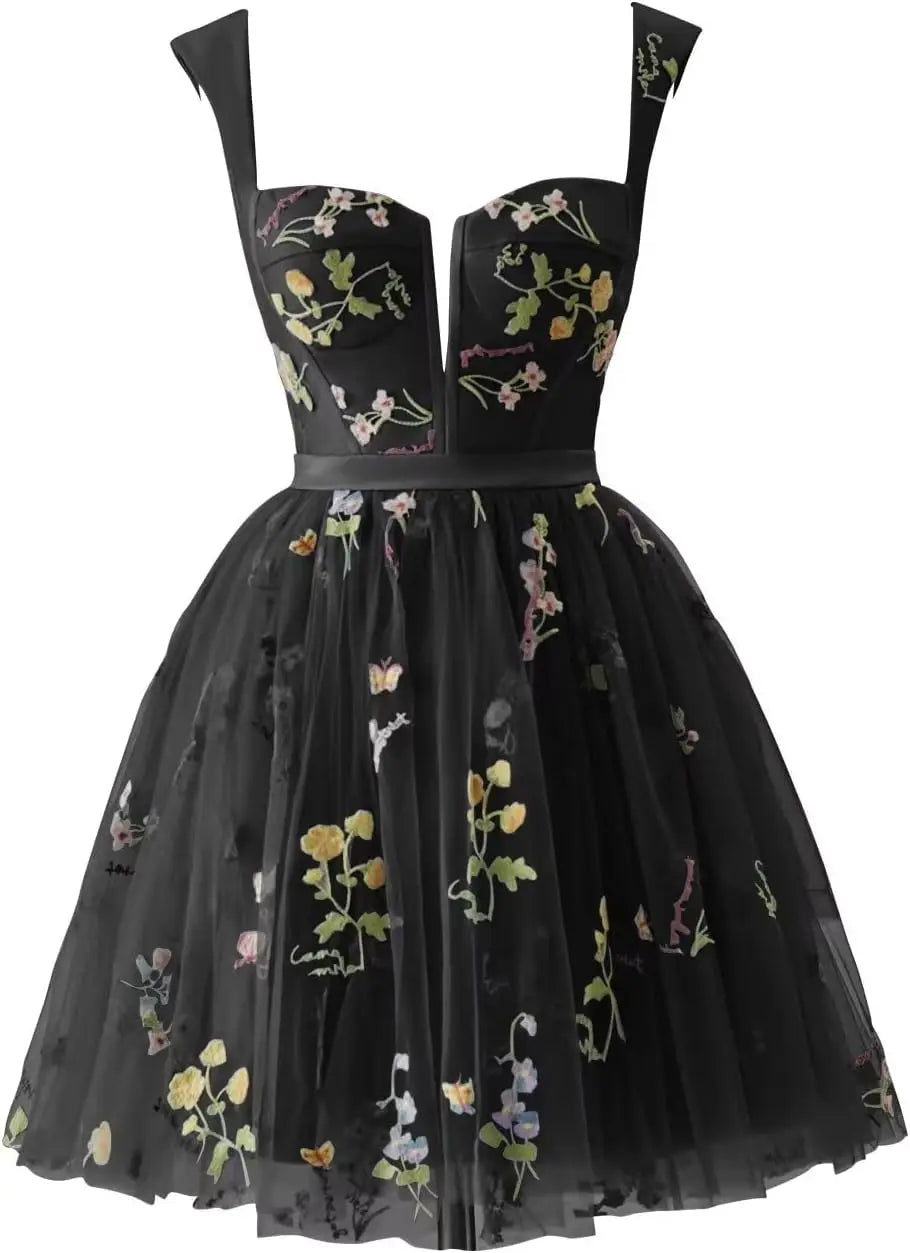 Flower Embroidery Short Tulle Homecoming Dresses for Teens Corset Mini Prom Dress Fairy Formal Party Gown Junior Bridesmaid Gown